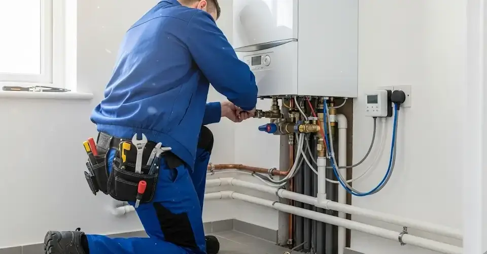 Vakman van installatiebedrijf Jacolson & Zn. aan het werk bij de installatie en het onderhoud van een CV-ketel in de regio Heerhugowaard.