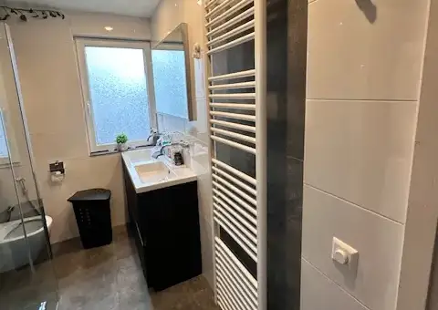 Strak afgewerkte badkamer met een witte designradiator en vakkundig weggewerkt leidingwerk, geïnstalleerd in Haarlem.